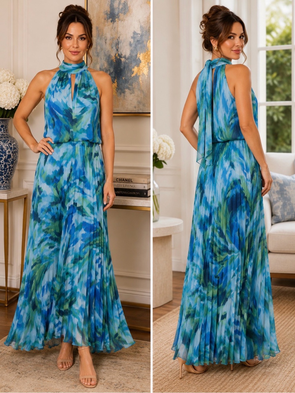 Xscape Turquoise and Green Ciffon Watercolor Halter Maxi Dress